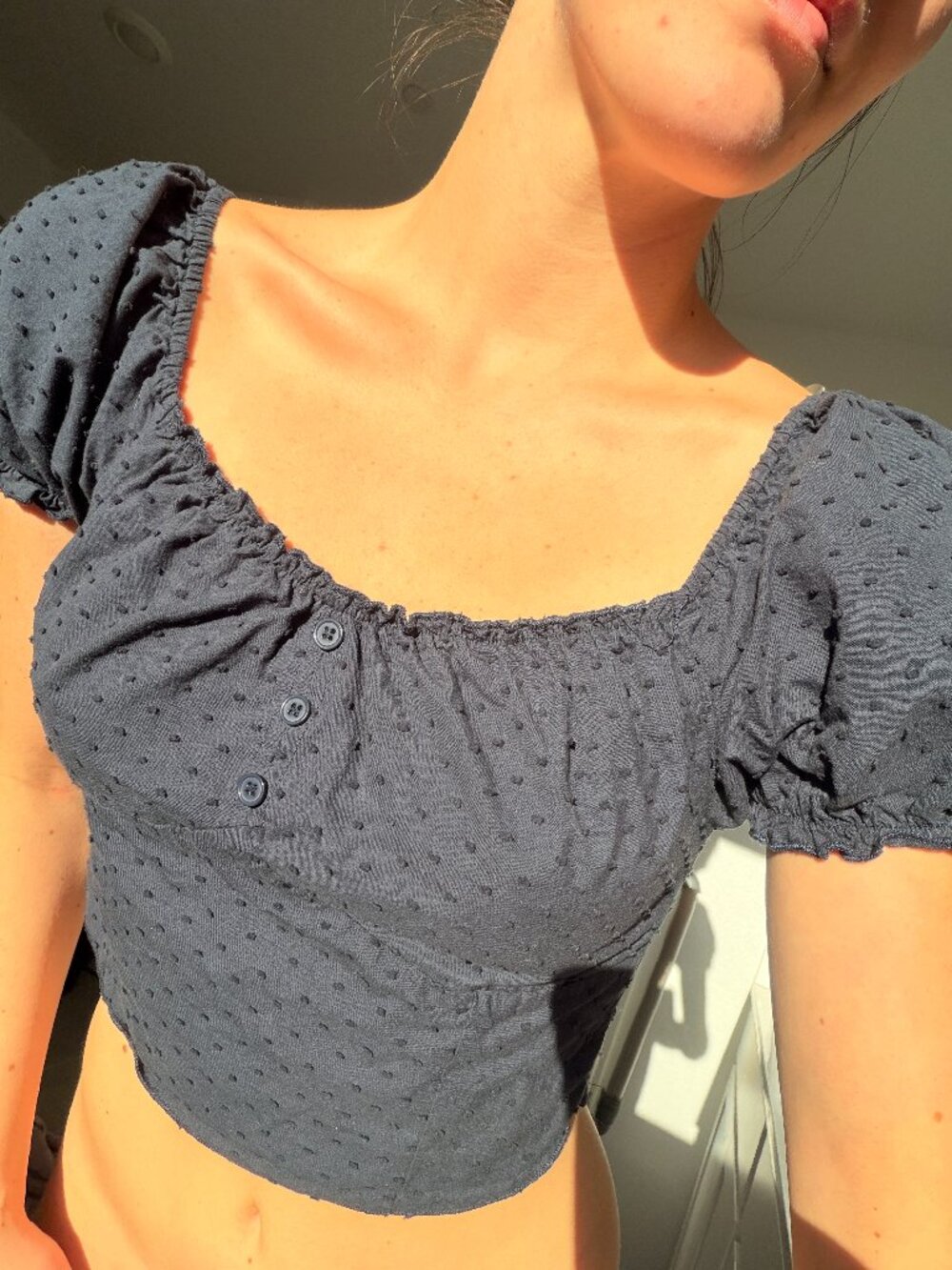 Celebrity Navy Puffy Sleeve Navy Polka dot Crop-top
